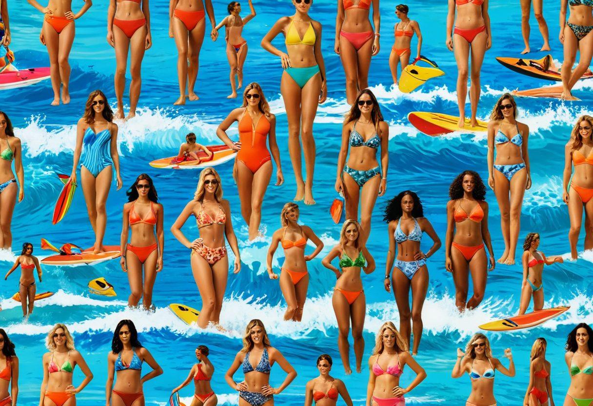 A dynamic collage showcasing the evolution of swimwear from classic sunbathing styles to modern surfing gear, featuring models in various vibrant swimsuits against a backdrop of beach scenes and crashing waves. Include historical elements like vintage swimsuits juxtaposed with contemporary designs, highlighting the diversity in fabrics and styles. Add surfer silhouettes riding the waves for an adventurous feel. sunlit and lively colors. vibrant colors. 3D.